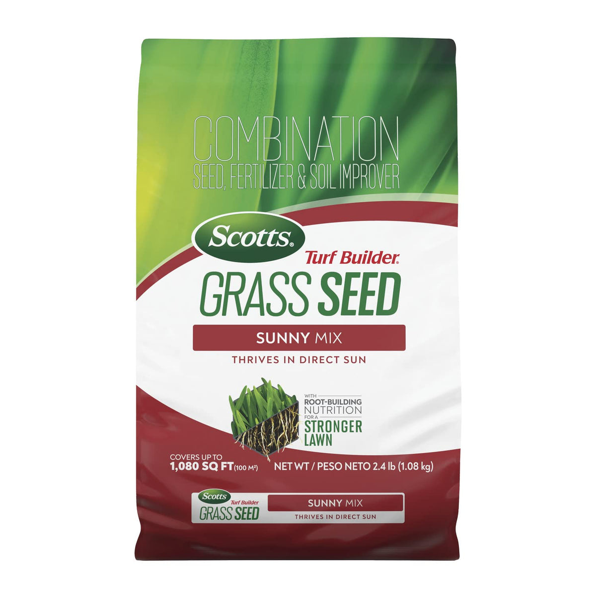 Scotts Turf Builder Sunny Mix bag labeled for direct sun suitability for vibrant lawns