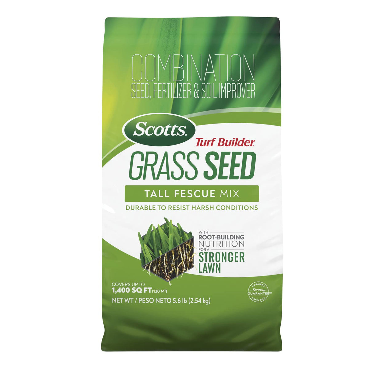 Scotts Turf Builder Tall Fescue Seed bag highlighting durable seed for tough lawns.