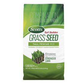 Scotts Turf Builder Tall Fescue Seed bag highlighting durable seed for tough lawns.