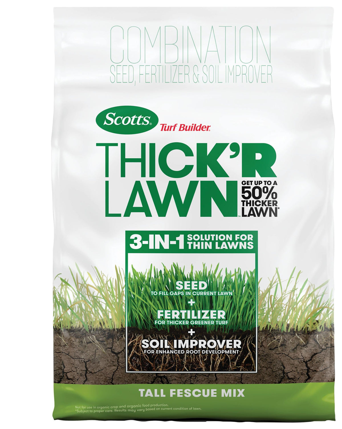 Scotts Turf Builder Thick'R Lawn bag front for thicker tall fescue lawns.