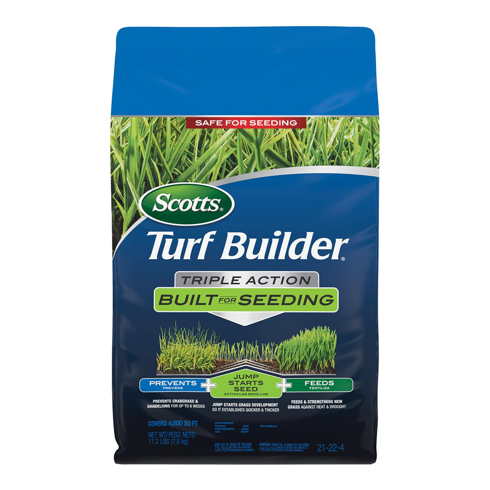 Scotts Turf Builder Triple Action bottle front ready to protect new grass and prevent weeds.
