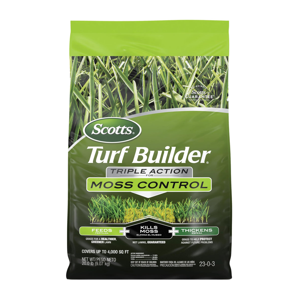 Scotts Turf Builder Triple Action moss control bag showing moss killer and lawn fertilizer benefits.