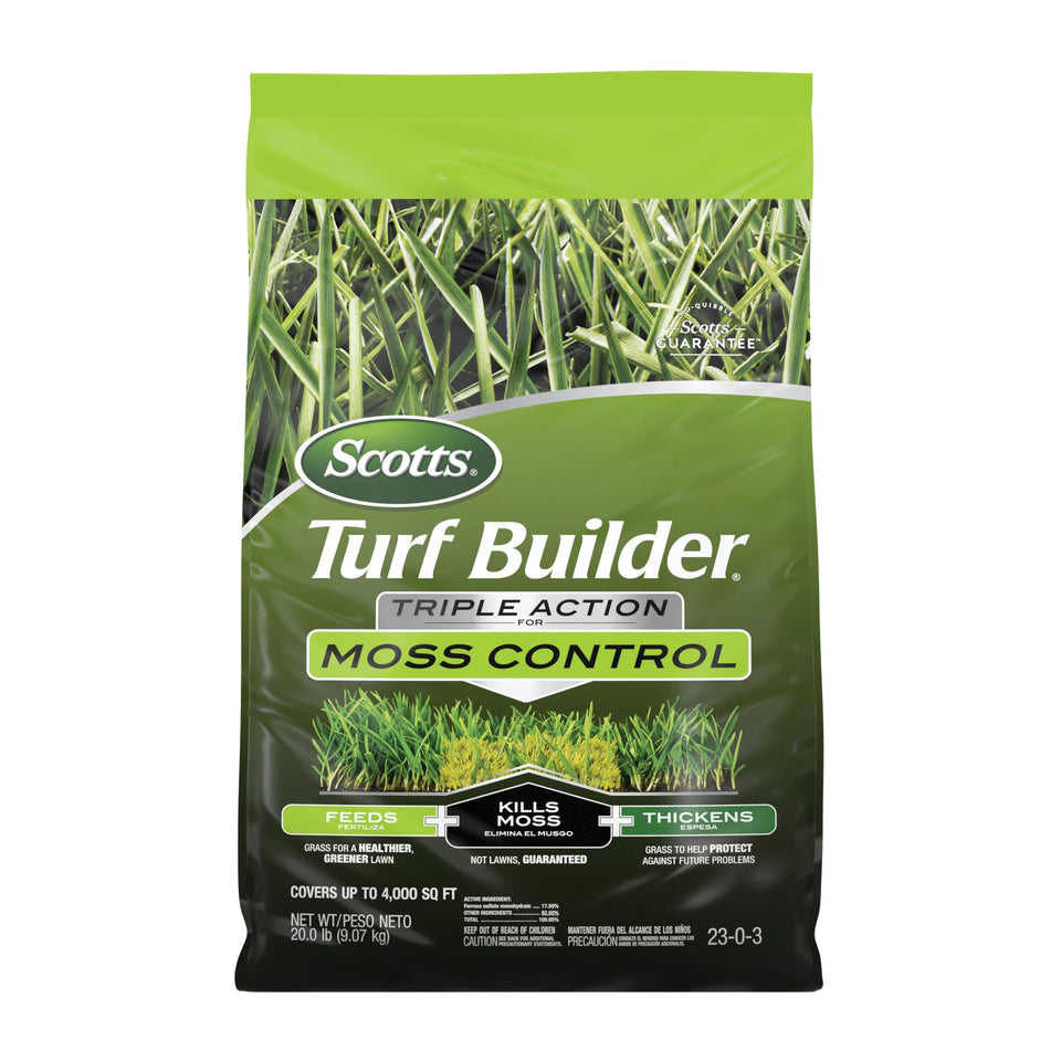 Scotts Turf Builder Triple Action moss control bag showing moss killer and lawn fertilizer benefits.