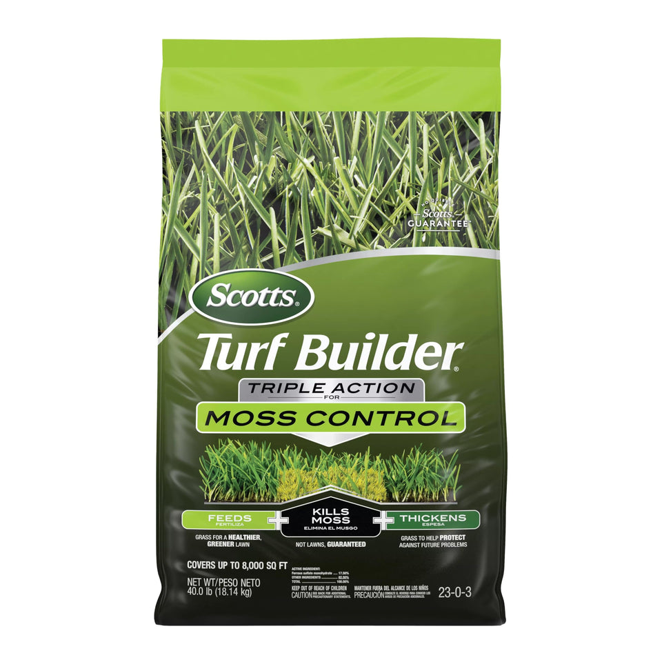 Scotts Turf Builder Triple Action moss control bag ready for moss treatment on lawn