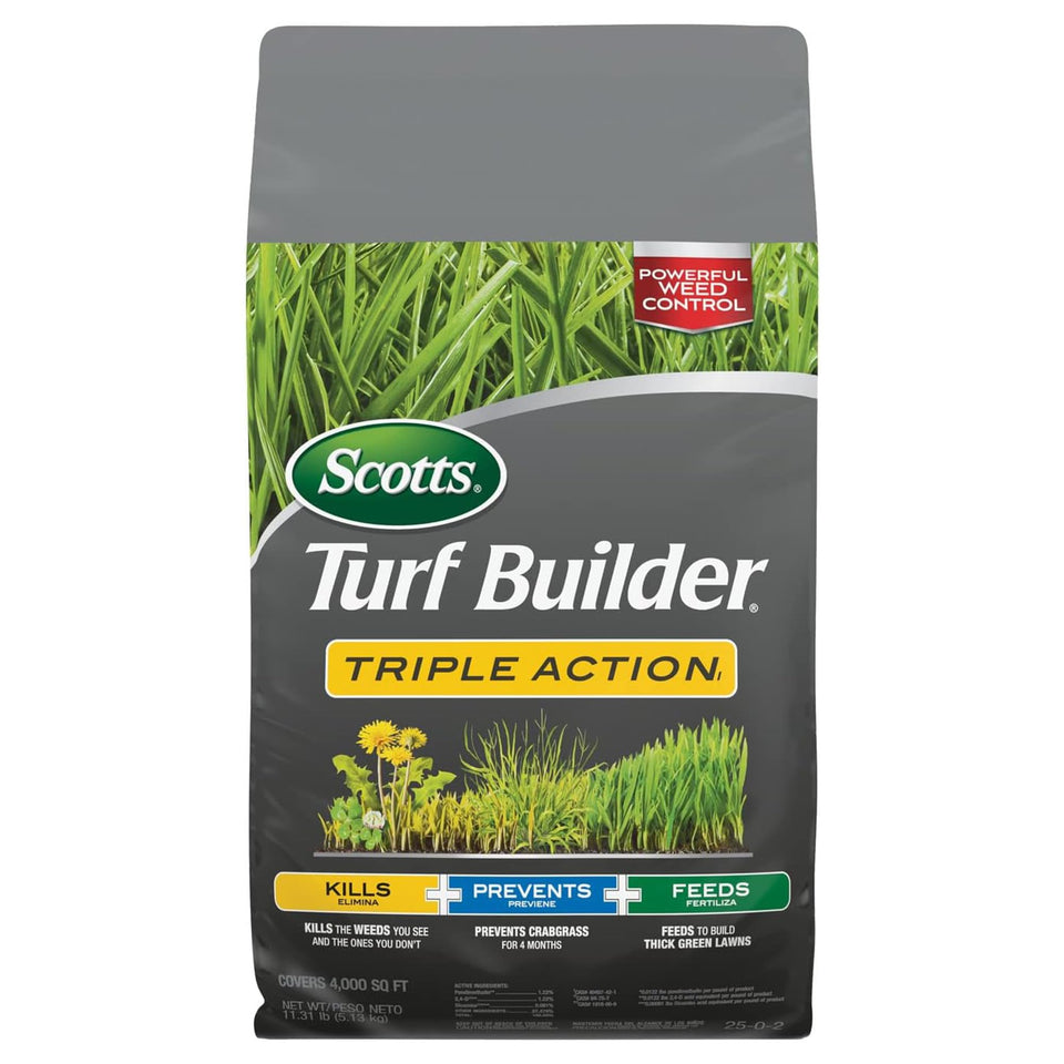 Scotts Turf Builder Triple Action1 bag covers 4,000 sq ft with weed control and fertilizer.
