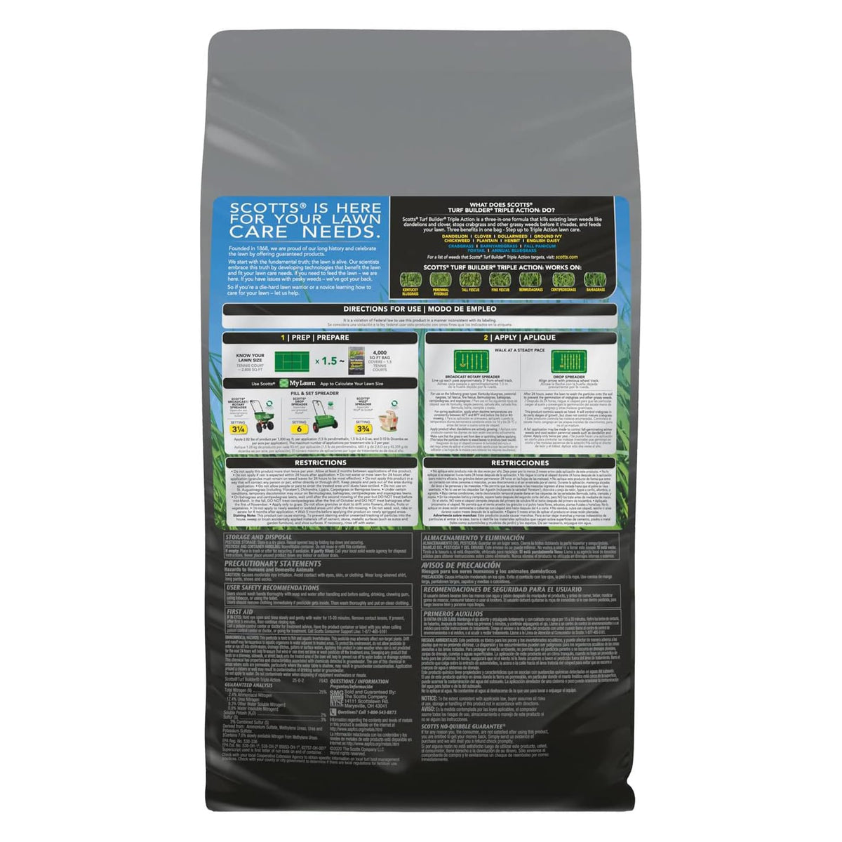 Scotts Turf Builder Triple Action1 spreader-ready design for easy spring lawn care.