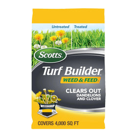 Scotts Turf Builder Weed & Feed5 bag showing weed killer and lawn fertilizer.