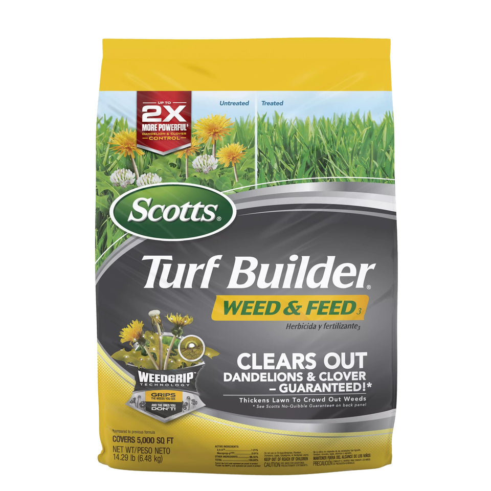 Scotts Turf Builder Weed & Feed3 bag showing weed control for healthier lawns