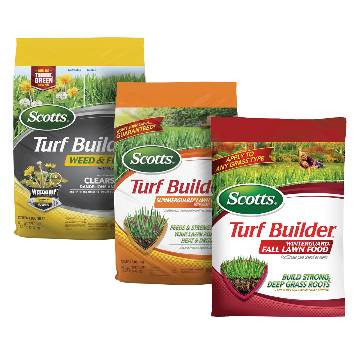 Scotts Weed & Feed5 bottle targets dandelions and clover while thickening turf.