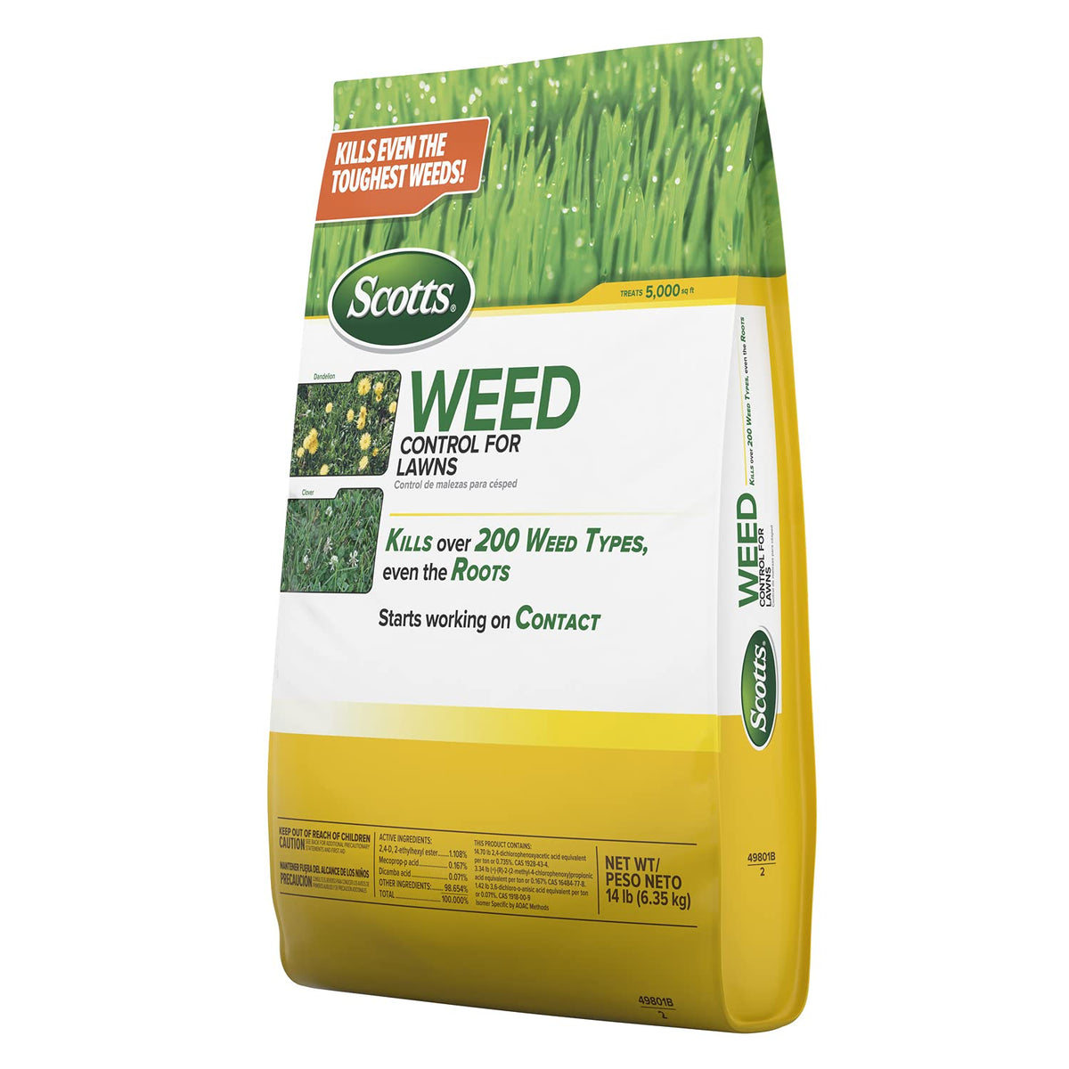 Warning label on Scotts Weed Control for Lawns with application guidelines.