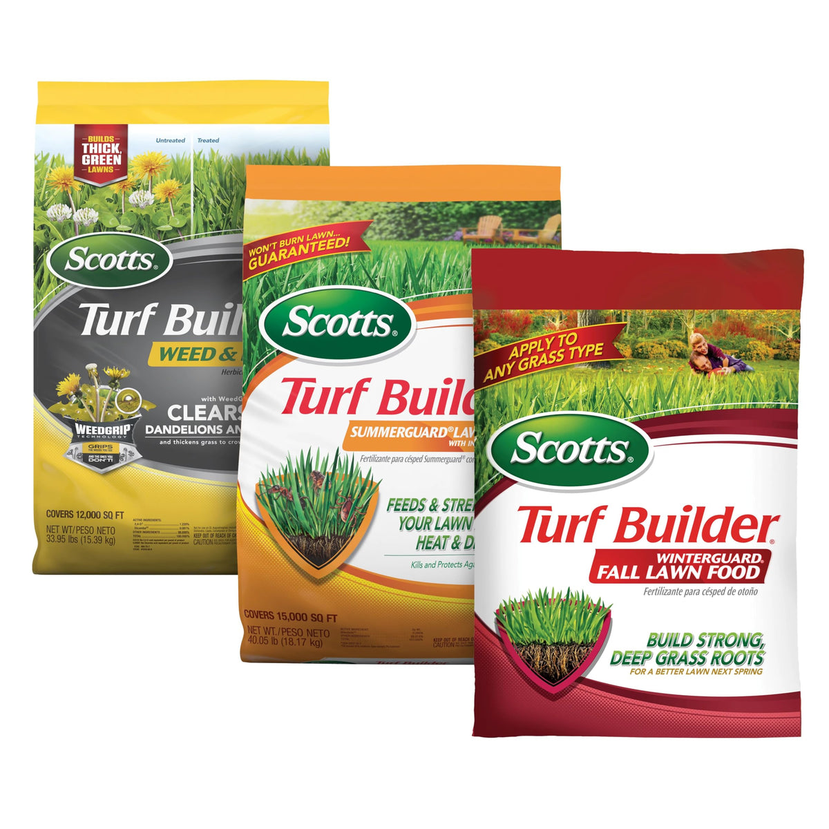 Scotts Weed & Feed5 bottle applying weed control while feeding dense turf
