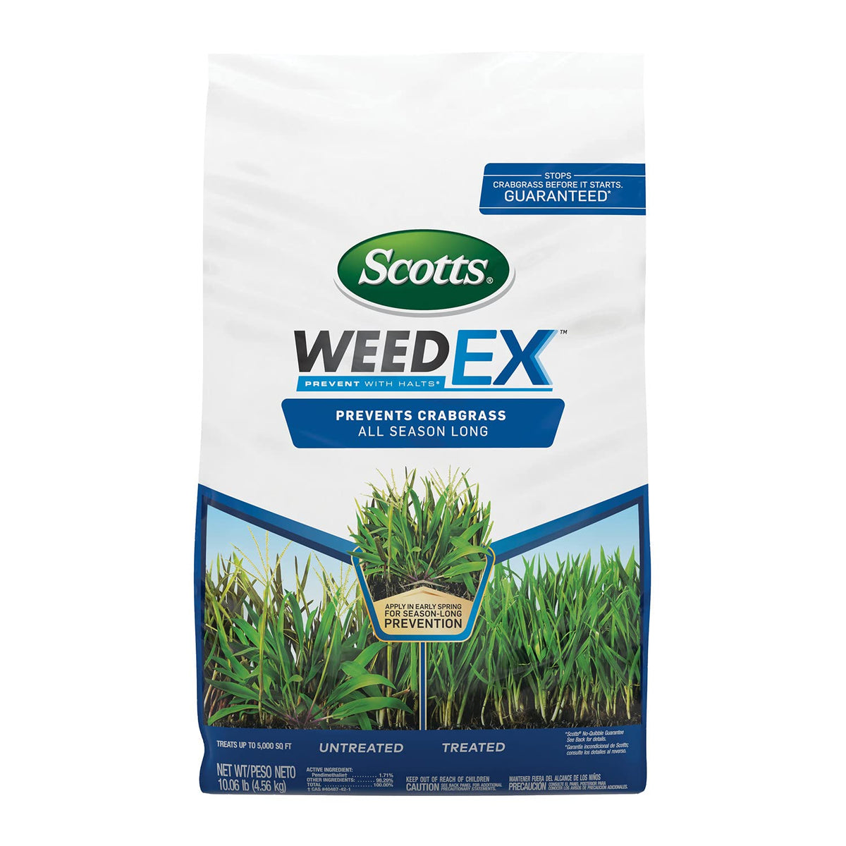 Scotts WeedEx Prevent with Halts stops crabgrass germination for a healthier lawn