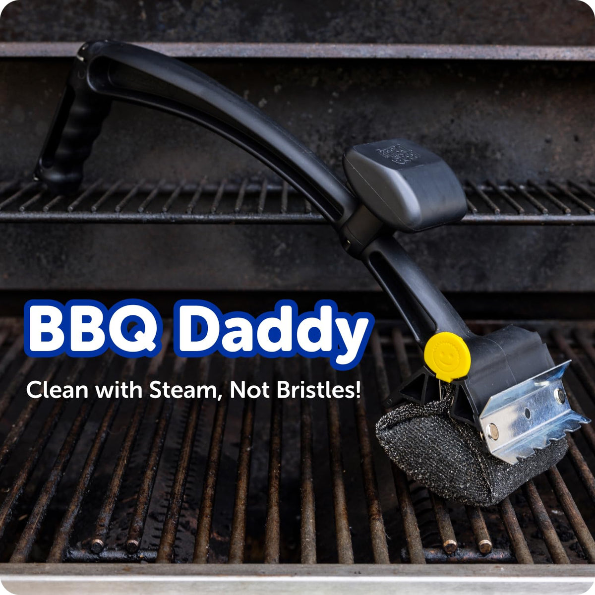 BBQ Daddy built-in scraper removes char along grill bars