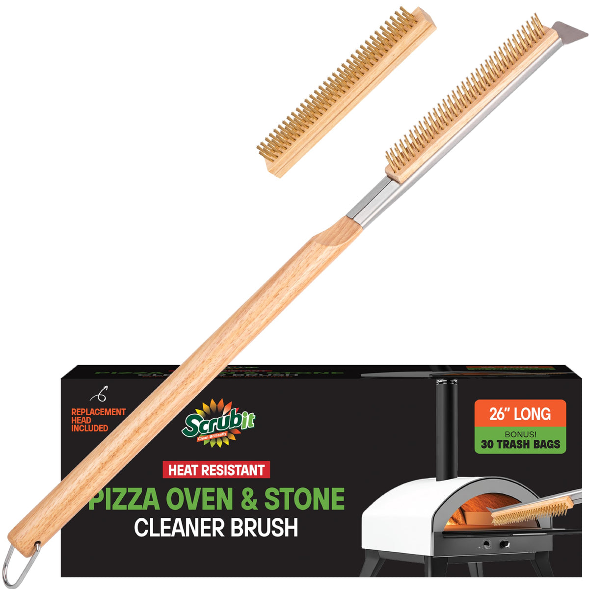 SCRUBIT 26-inch pizza oven brush with scraper for efficient stone cleaning