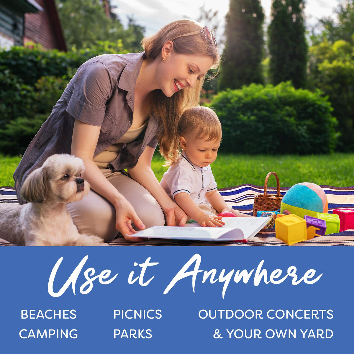 Scuddles foldable blanket with strap for easy carry to parks and beaches.