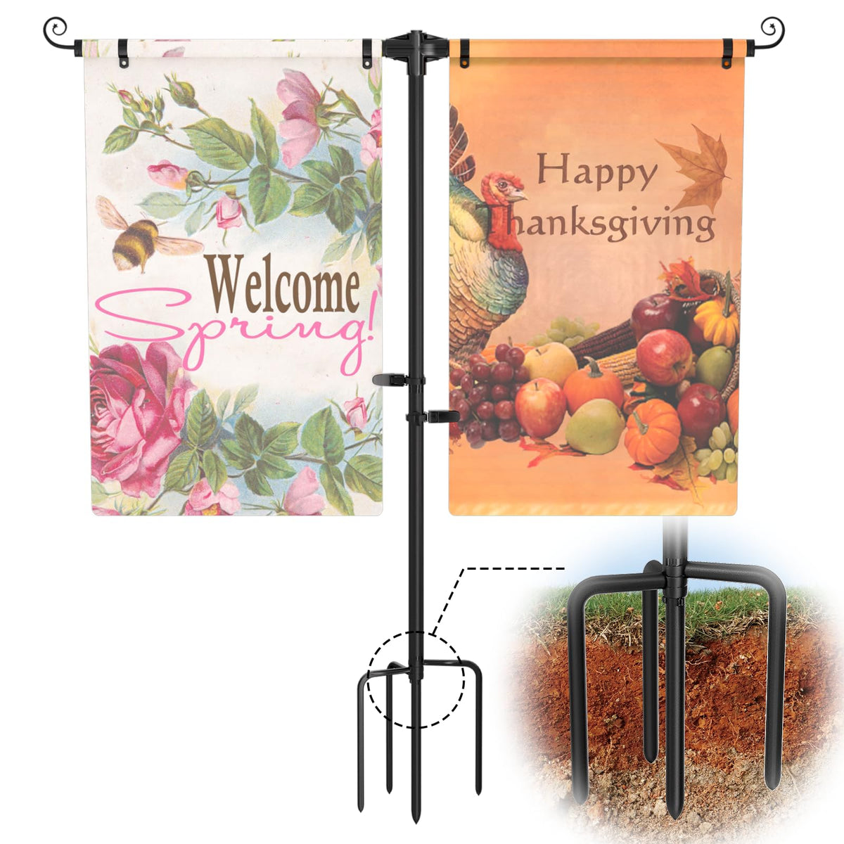 SCWN garden flag stand with four-prong base for stable outdoor display