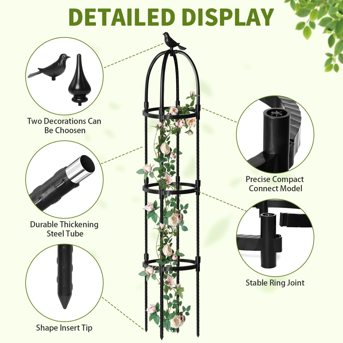 SDLDEER 6-7ft obelisk provides stable support for vines and fruiting plants.