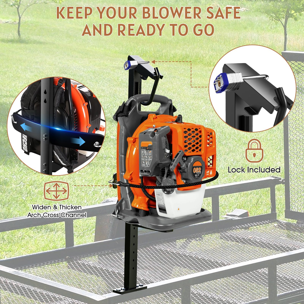 SDSNTE blower rack on trailer showing secure transport with bottom base and strap.
