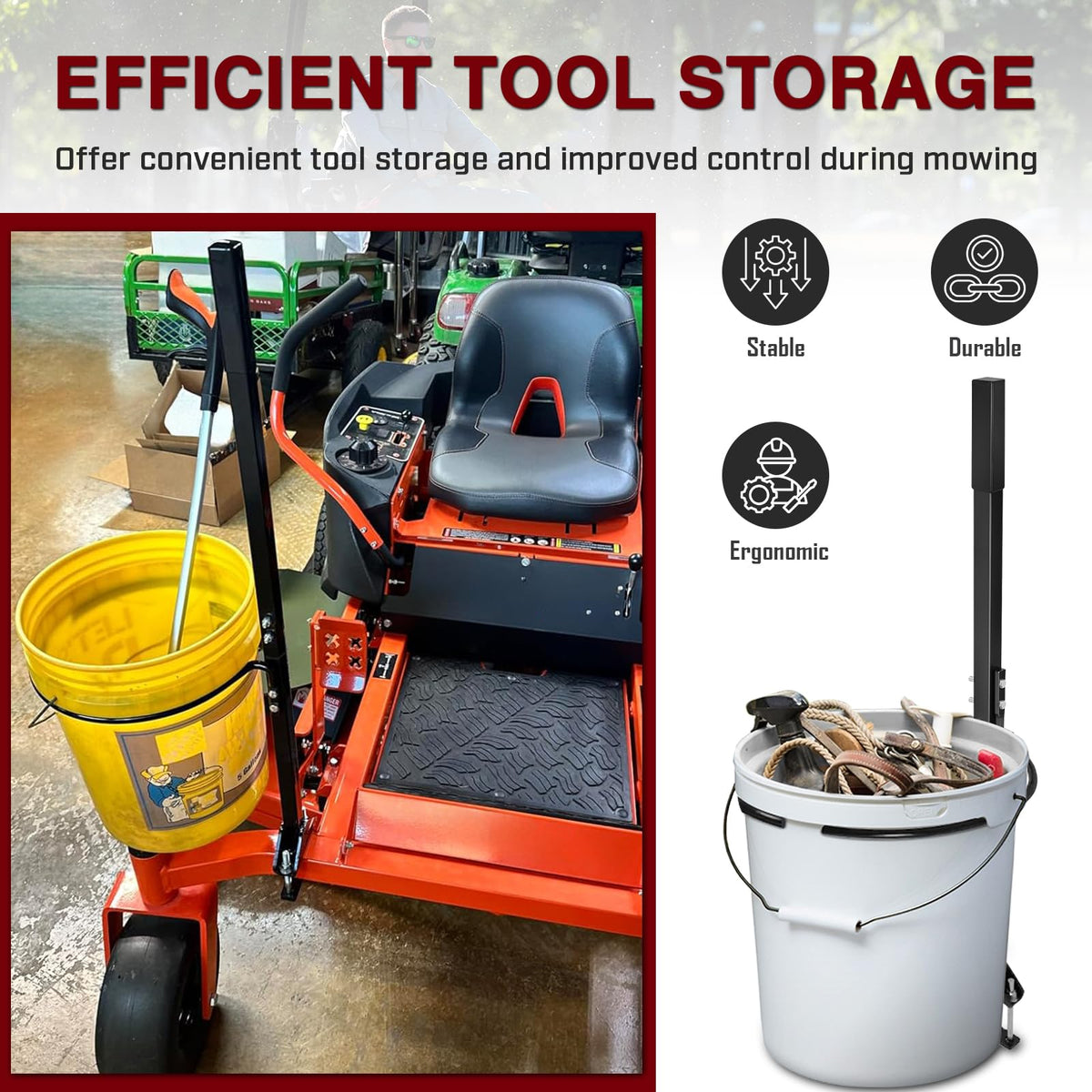 SDSNTE Bracket mounted on a zero-turn mower for convenient transport of tools and debris