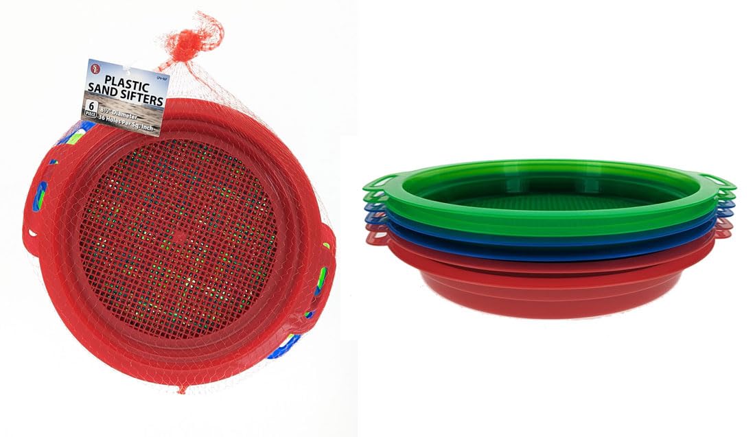 SE 6-piece sand sifting pans in a mesh bag with red, blue, and green colors for outdoor exploration.