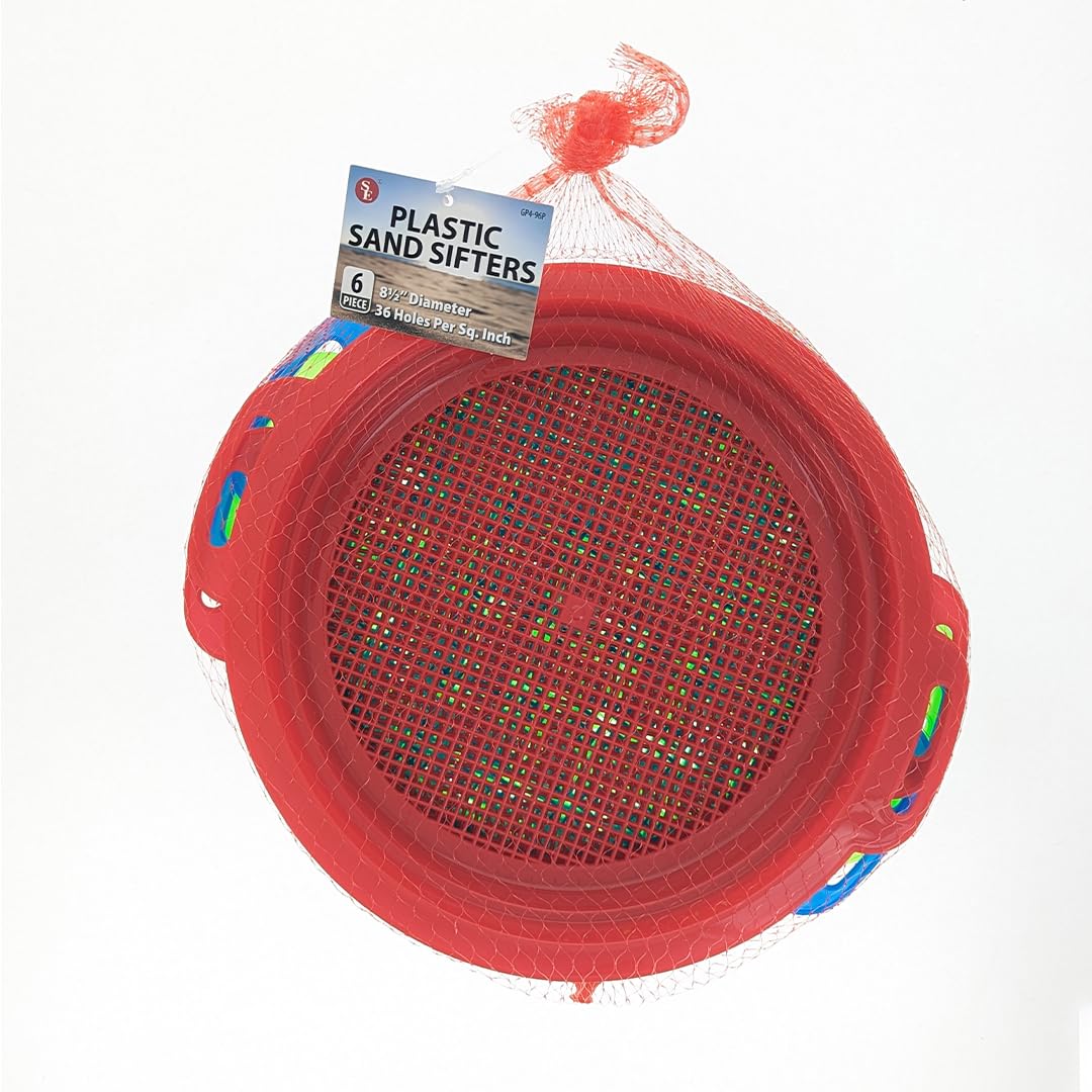 Colorful SE sand pans in red, blue, and green arranged in a mesh bag for quick sorting.