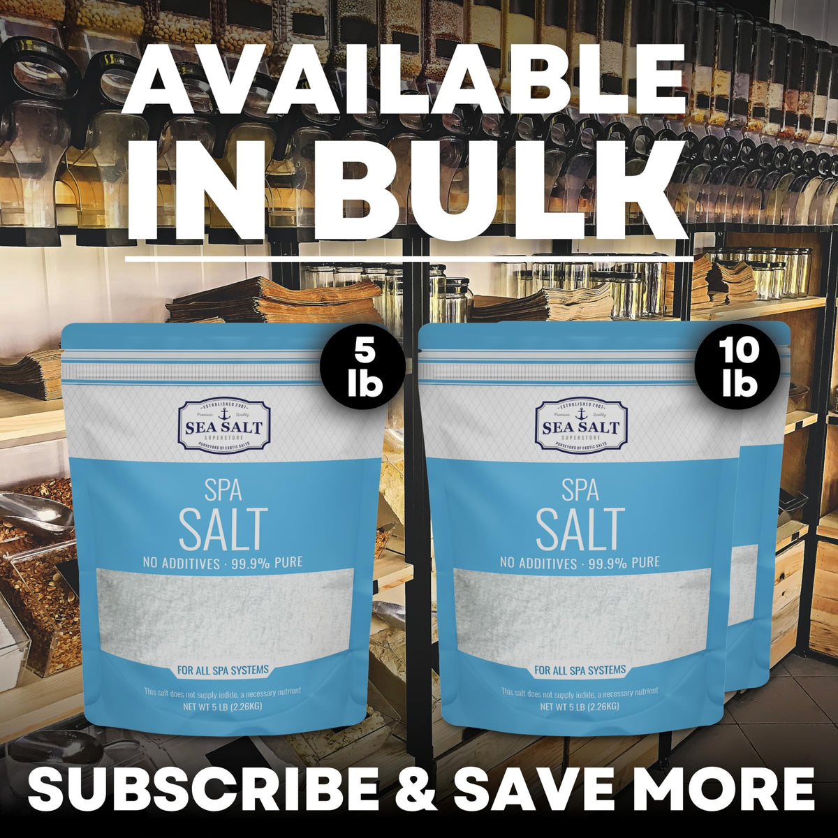 Sea Salt Superstore salt crystals in bottle for premium spa care.