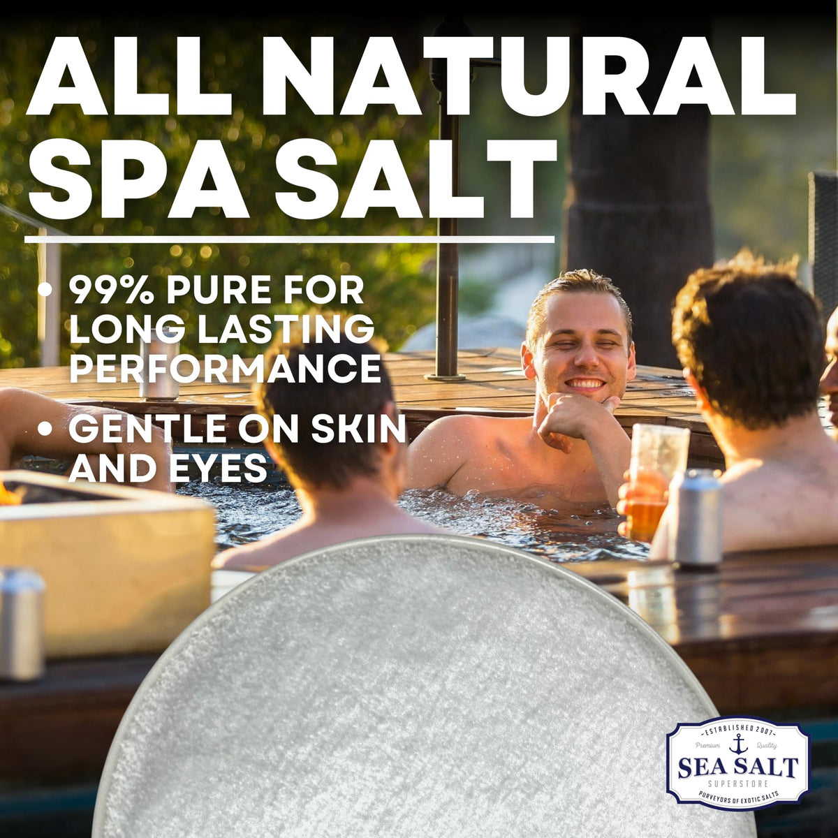 Sea Salt Superstore spa water pour shows ultra-pure salt for inviting soak.