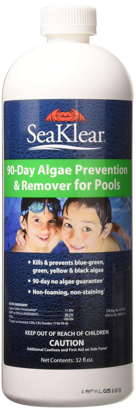 SeaKlear 90-day algae prevention bottle ready for long-lasting pool protection.