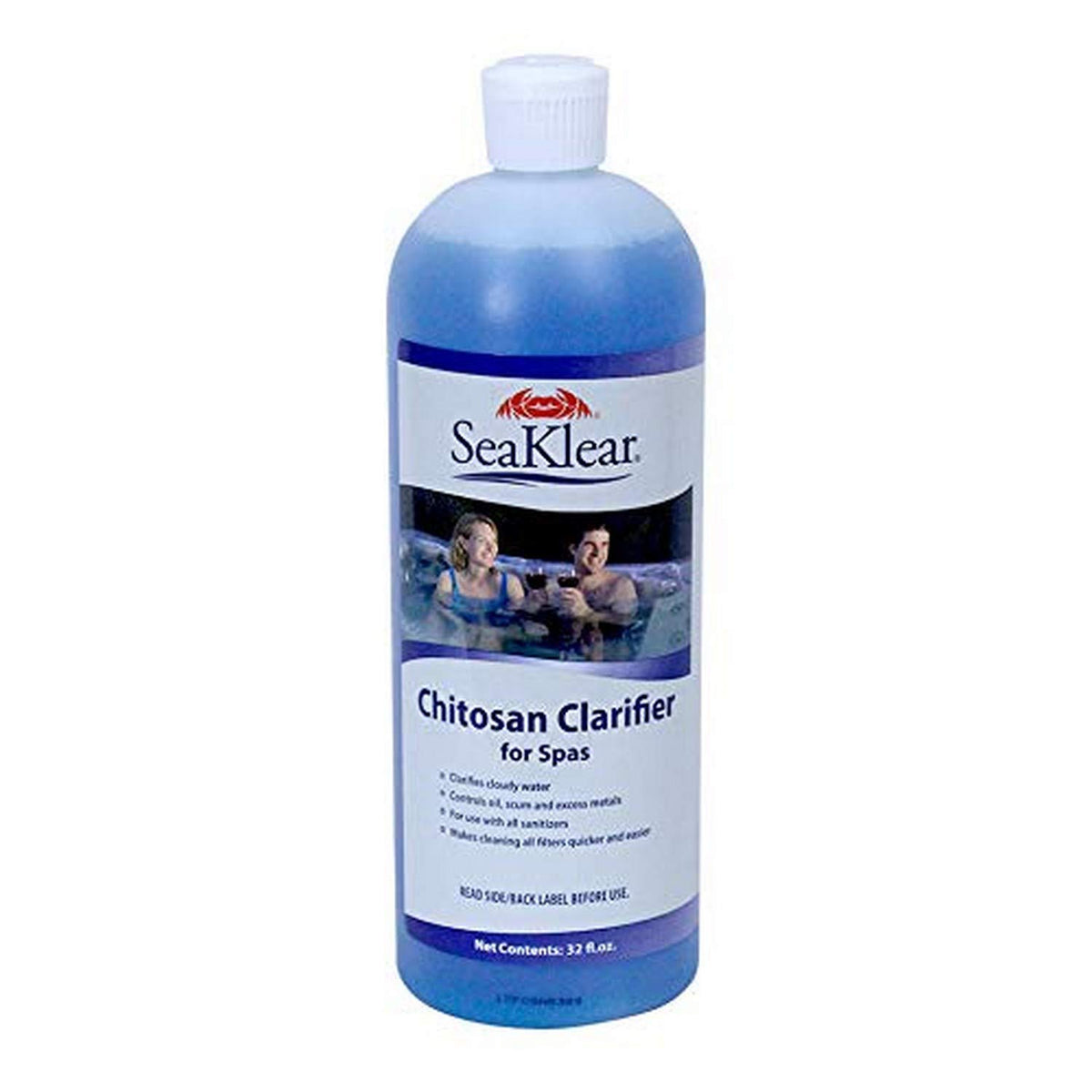 SeaKlear chitosan clarifier bottle enhances spa water clarity and filter efficiency