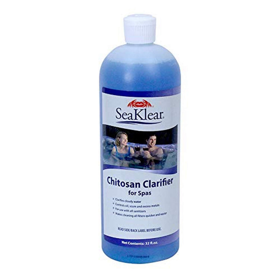 SeaKlear chitosan clarifier bottle enhances spa water clarity and filter efficiency