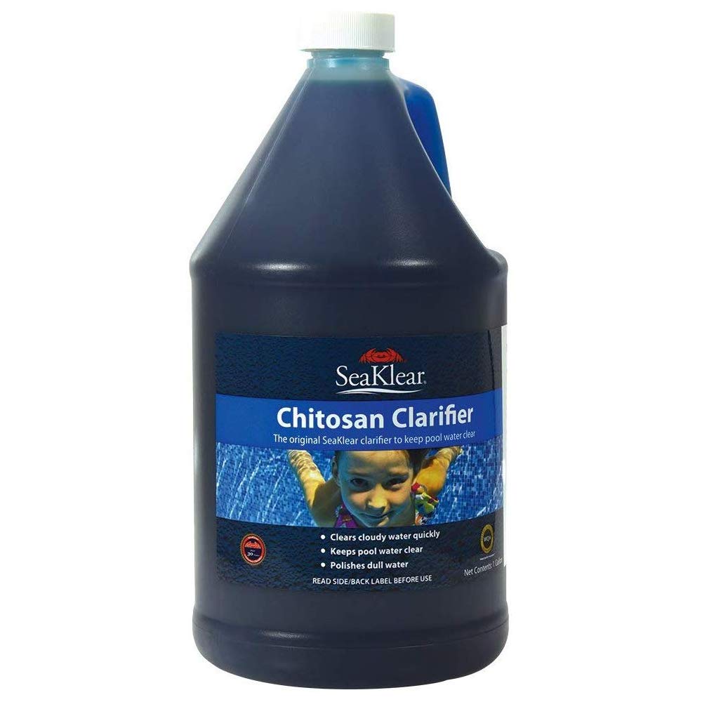 SeaKlear natural clarifier bottle improves pool clarity and filter efficiency.