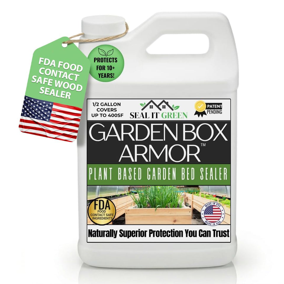 Seal It Green Garden Box Sealer bottle showing plant-based formula for safe garden use