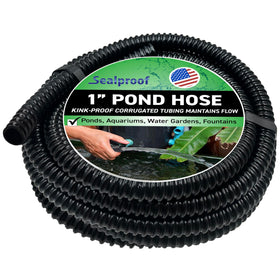 Sealproof pond tubing 1in diameter in a backyard pond setup for steady flow.