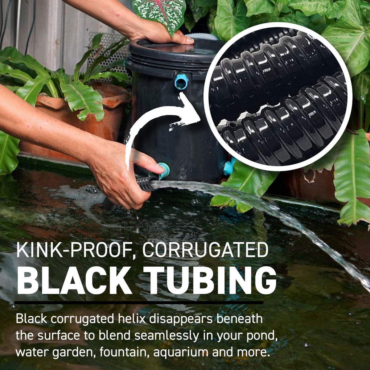 Sealproof pond tubing for aquaculture applications and water gardens.