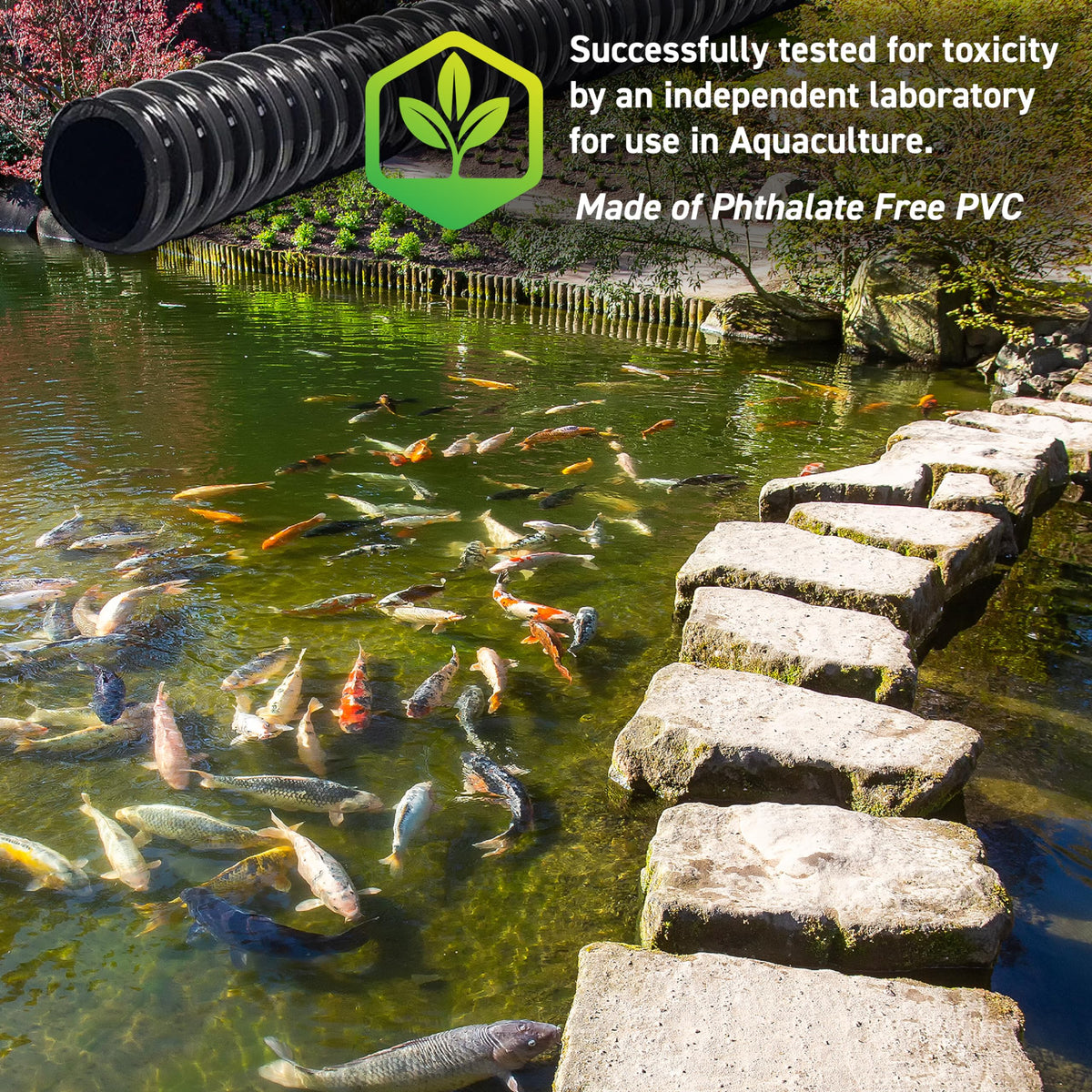 Sealproof pond tubing connected from a pump to a filtration system.