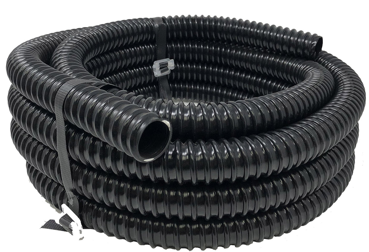 Sealproof pond tubing installed for rain barrel setup and outdoor water features.