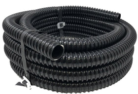Sealproof pond tubing installed for rain barrel setup and outdoor water features.