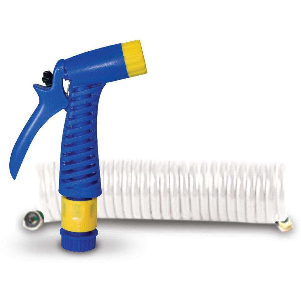 SeaSense coiled hose with nozzle for easy storage and versatile washdown
