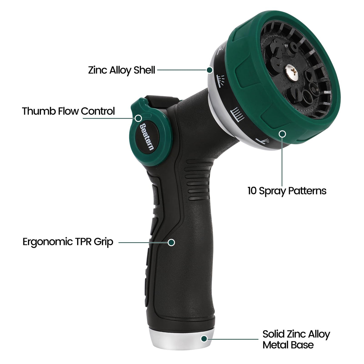 Seatern thumb-control flow enables one-handed operation for easy watering.