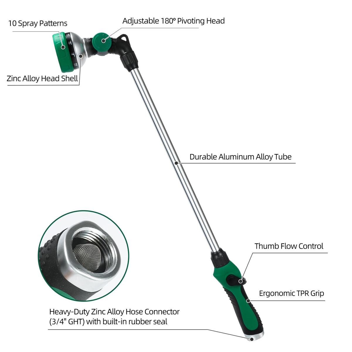 Seatern wand with 180-degree pivot head for precise watering angles.