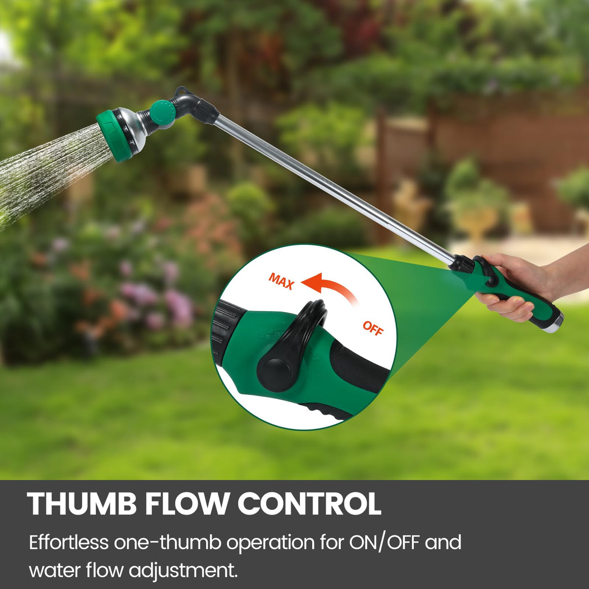 Seatern thumb-control allows adjusting flow with one hand during watering.