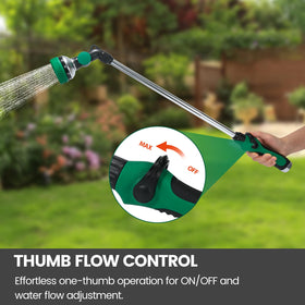 Seatern thumb-control allows adjusting flow with one hand during watering.