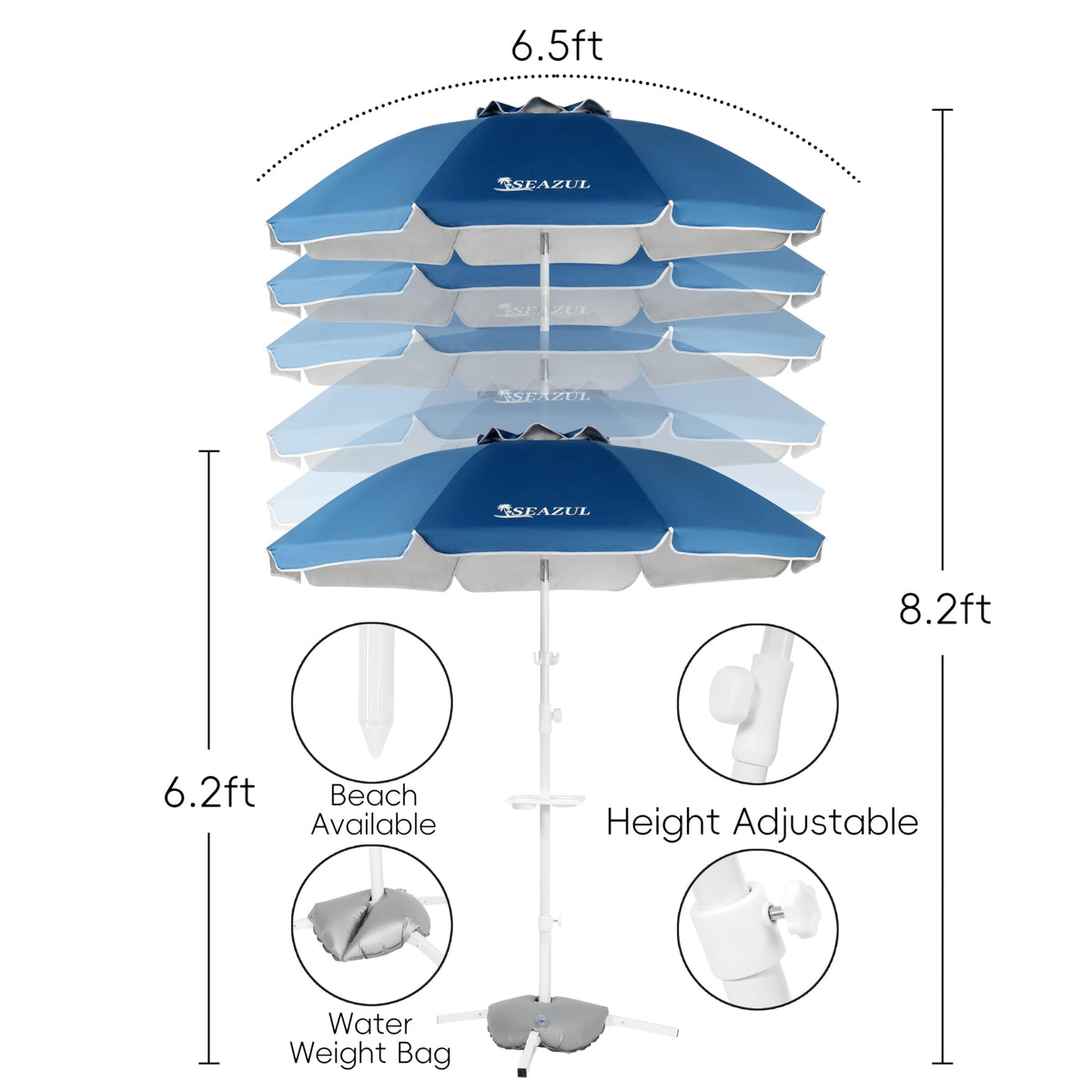 Seazul middle pole height adjustment lets you align shade easily.
