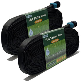 Secbulk 2025 flat soaker hose laid out for even root-zone watering in a garden bed.