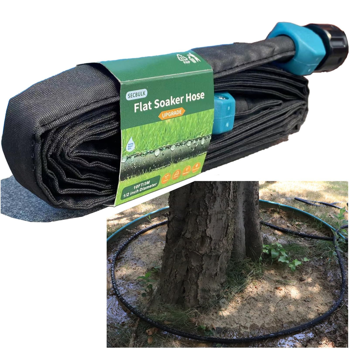 Secbulk flat soaker hose 10ft provides even watering for garden beds.
