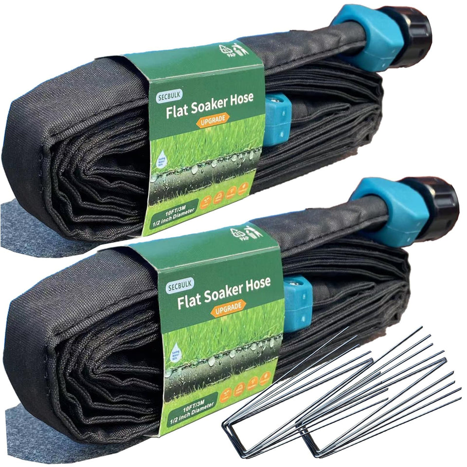 Secbulk flat soaker hose 20ft assembled delivering uniform slow watering along garden beds.