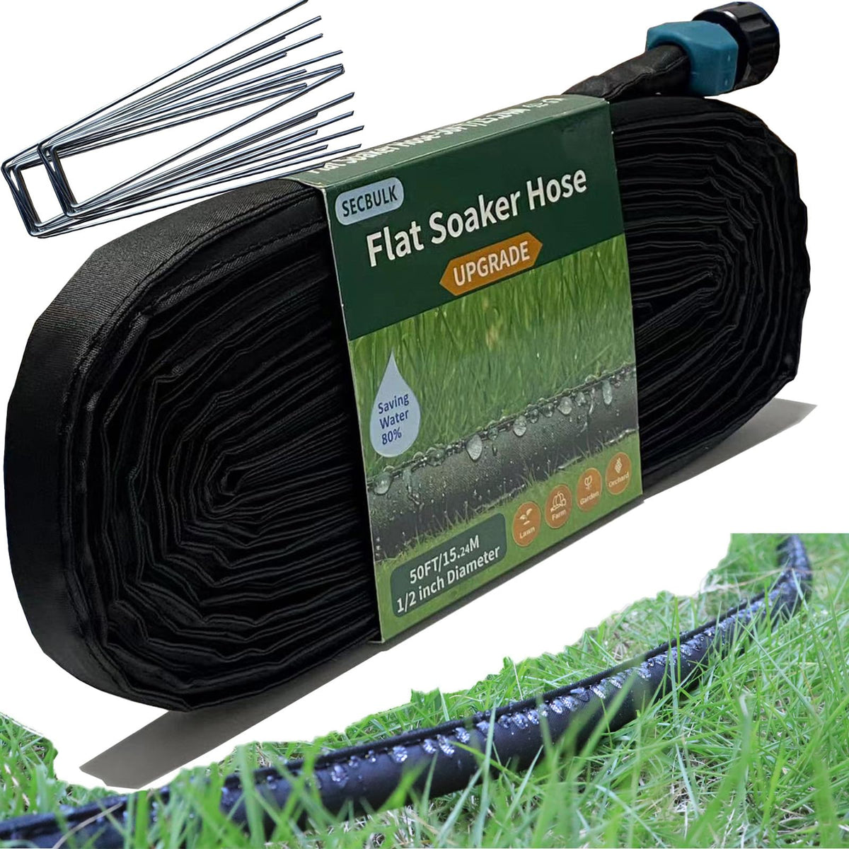 Secbulk flat soaker hose laid in a garden bed for even watering.