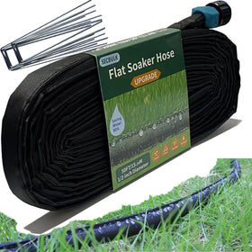 Secbulk flat soaker hose laid in a garden bed for even watering.