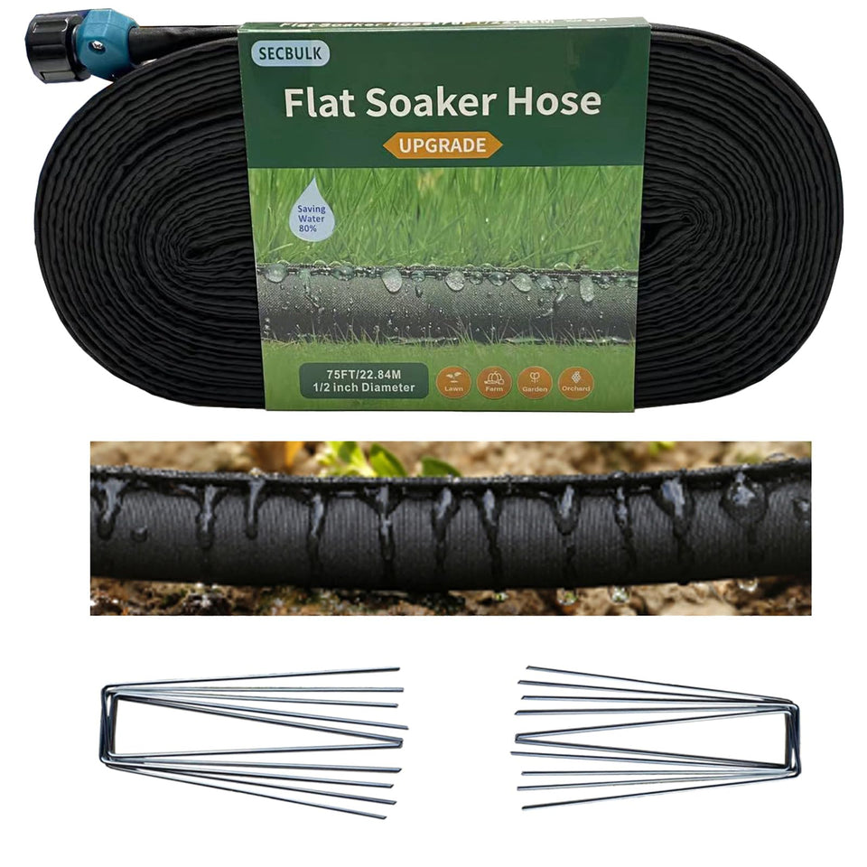 Secbulk flat soaker hose 75ft with stakes showing even layout in garden bed.