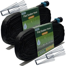 Secbulk flat soaker hose setup provides even watering along garden beds.